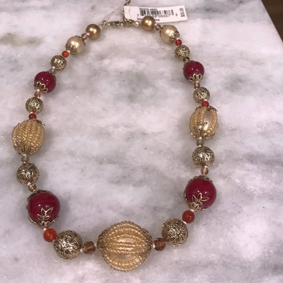 CAROLEE Statement Red and Gold Beaded Necklace with semi-precious accents - Picture 2 of 6